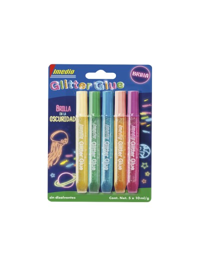 Pegamento imedio glitter glue brilla en la oscuridad para manualidades 10 ml blister de 5 unidades colores surtidos