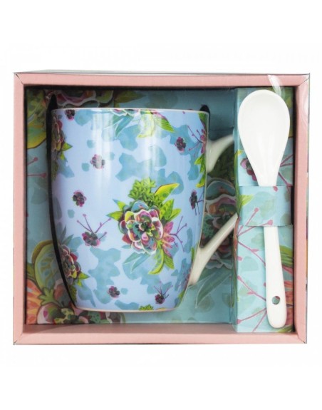 Taza de cerámica con cuchara enesco flores