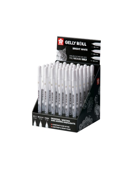 Rotulador sakura gel gelly roll gel color blanco expositor de 36 unidades surtidas 05 mm 08 mm y 10 mm