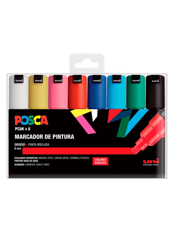 Rotulador uni posca pc-8k/8c marcador de pintura punta biselada 8 mm estuche de 8 unidades colores basicos Rotulador uni posca pc-8k/8c marcador de pintura punta biselada 8 mm estuche de 8 unidades colores basicos