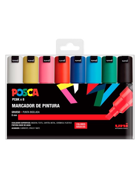 Rotulador uni posca pc-8k/8c marcador de pintura punta biselada 8 mm estuche de 8 unidades colores basicos
