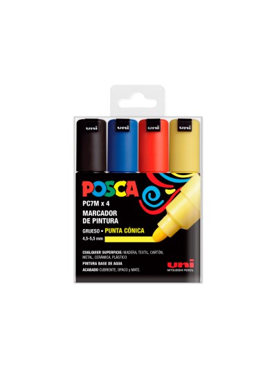 Rotulador uni posca pc-7m/4c marcador de pintura punta conica 4,5-5,5 mm estuche de 4 unidades colores basicos