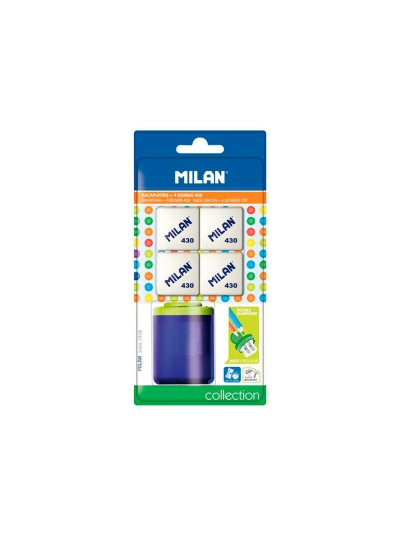 Sacapuntas milan collection plastico 2 usos + 4 gomas de borrar 430