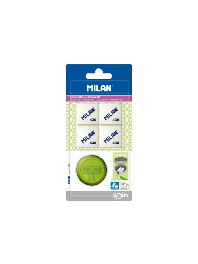 Sacapuntas milan spin plastico 1 uso + 4 gomas de borrar 430