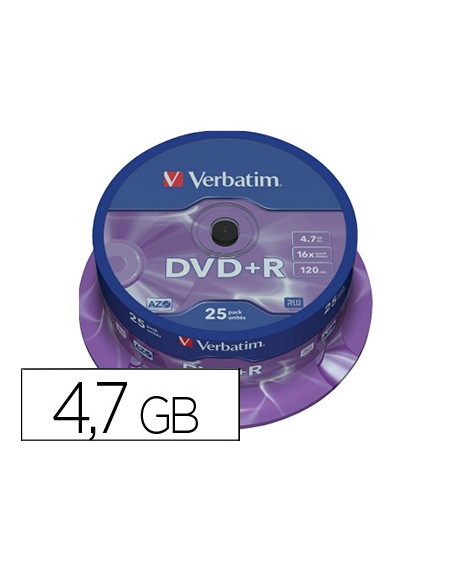 Dvd+r verbatim capacidad 4.7gb velocidad 16x 120 min tarrina de 25 unidades