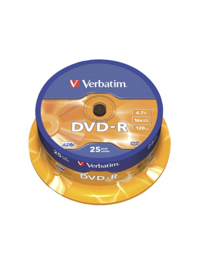 Dvd-r verbatim capacidad 4.7gb velocidad 16x 120 min tarrina de 25 unidades