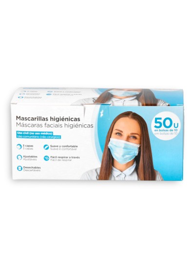 Mascarilla facial higienica desechable 3 capas con ajuste nasal filtracion 95% color azul