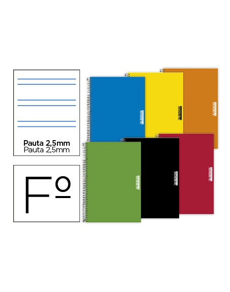 Cuaderno espiral papercop folio tapa extradura 80 hojas pauta 5 2,5 mm con margen 70 gr colores surtidos