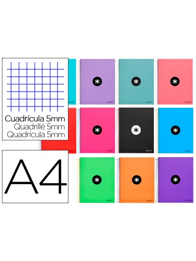 Cuaderno espiral a4 micro antartik tapa forrada 120h 90 gr cuadro 5mm 5 bandas 4 taladros colores surtidos