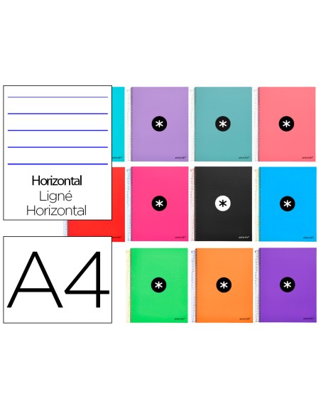 Cuaderno espiral a4 micro antartik tapa forrada 120h 90 gr horizontal 5 bandas 4 taladros colores surtidos