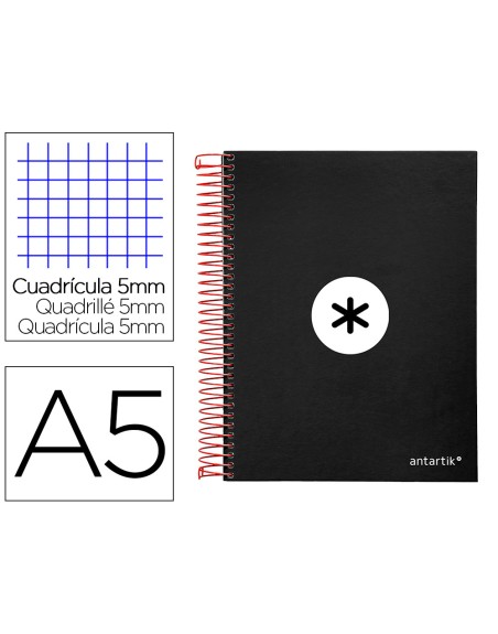 Cuaderno espiral a5 micro antartik tapa forrada120h 90 gr cuadro 5mm 5 bandas6 taladros color negro