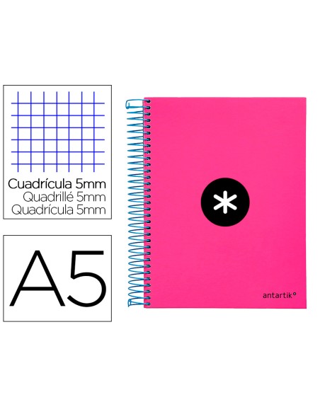 Cuaderno espiral a5 micro antartik tapa forrada 120h 90 gr cuadro 5mm 5 banda s 6 taladros color rosa