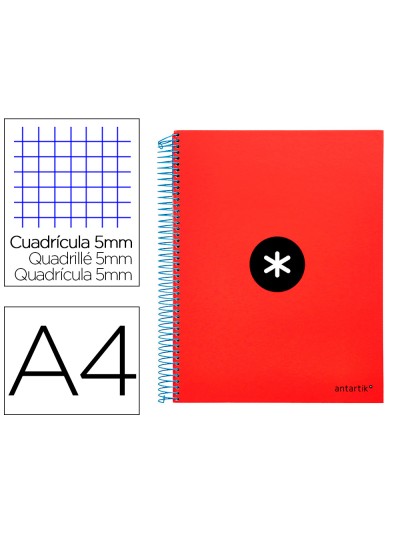 Cuaderno espiral a4 micro antartik tapa forrada 120h 90 gr cuadro 5mm 5 bandas 4 taladros color rojo
