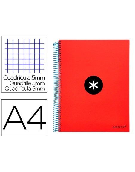 Cuaderno espiral a4 micro antartik tapa forrada 120h 90 gr cuadro 5mm 5 bandas 4 taladros color rojo