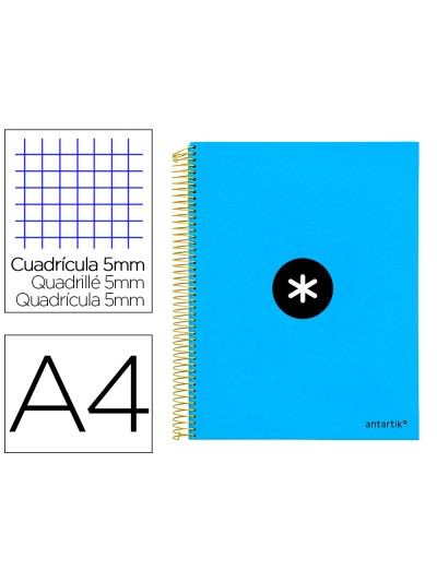 Cuaderno espiral a4 micro antartik tapa forrada 120h 90 gr cuadro 5mm 5 bandas 4 taladros color azul