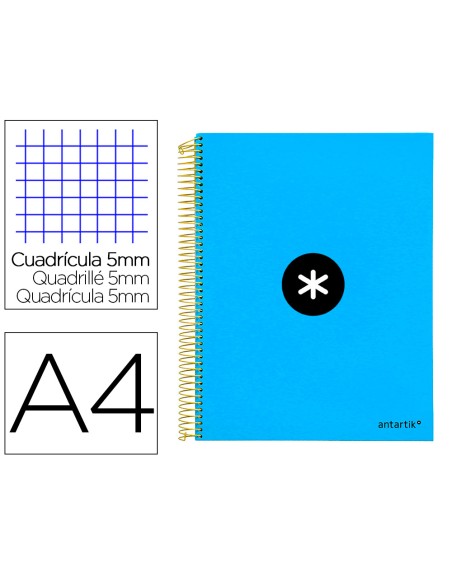 Cuaderno espiral a4 micro antartik tapa forrada 120h 90 gr cuadro 5mm 5 bandas 4 taladros color azul