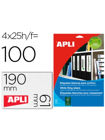Etiqueta adhesiva apli 1233 tamaño 190x61 mm para fotocopiadora laser ink-jet caja 25 hojas con 100