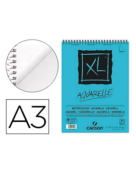 Bloc dibujo acuarela canson xl aquarelle grano fino din a3 microperforado espiral 29,7x42 cm 30 hojas 300 gr/m2