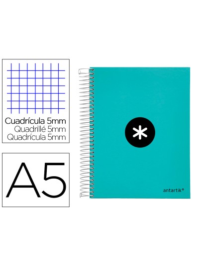 Cuaderno espiral a5 micro antartik tapa forrada120h 90 gr cuadro 5 mm 5 banda6 taladros color menta