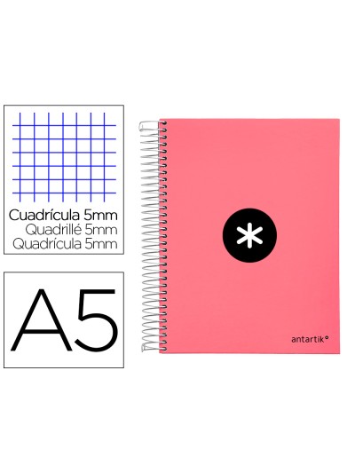 Cuaderno espiral a5 micro antartik tapa forrada120h 90 gr cuadro 5 mm 5 band 6 taladros color coral