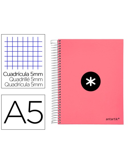 Cuaderno espiral a5 micro antartik tapa forrada120h 90 gr cuadro 5 mm 5 band 6 taladros color coral
