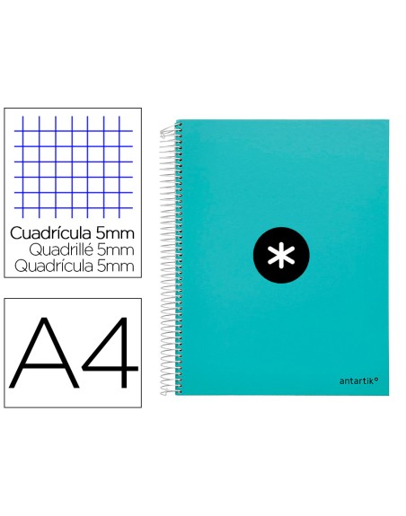 Cuaderno espiral a4 micro antartik tapa forrada 120h 90 gr cuadro 5mm 5 bandas 4 taladros color menta