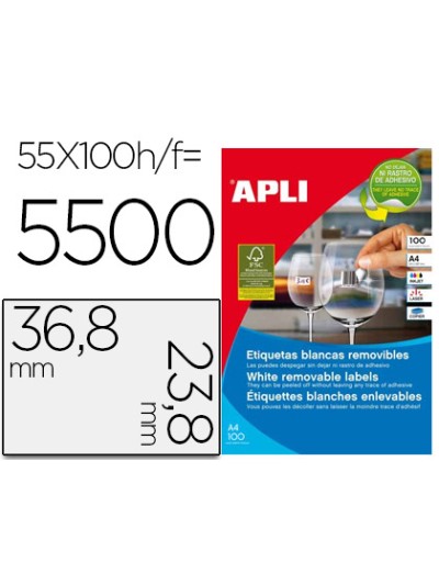 Etiqueta adhesiva apli 36,8x23,8 mm fotocopiadora laser inkjet caja 100 hojas din a4 con 5500 etiquetas