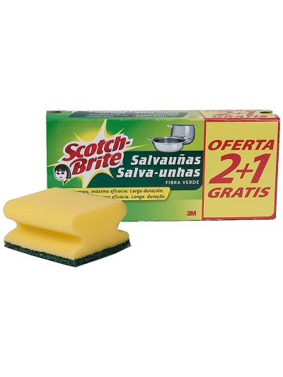 Estropajo salvauñas scotch brite fibra verde paquete 3x2