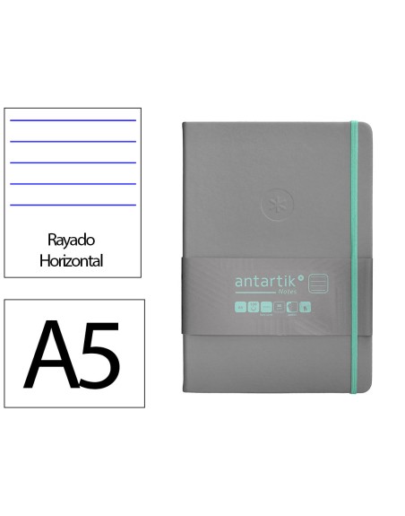 Cuaderno con gomilla antartik notes tapa dura a5 hojas rayas gris y turquesa 100 hojas 80 gr fsc