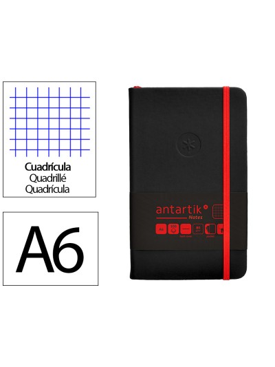 Cuaderno con gomilla antartik notes tapa dura a6 hojas cuadricula negro y rojo 100 hojas 80 gr fsc