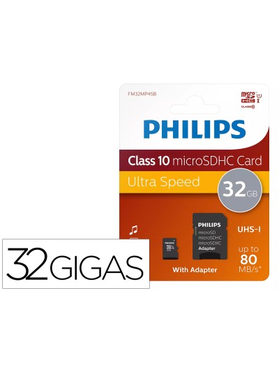 Memoria sdhc micro philips 32gb class 10 con adaptador