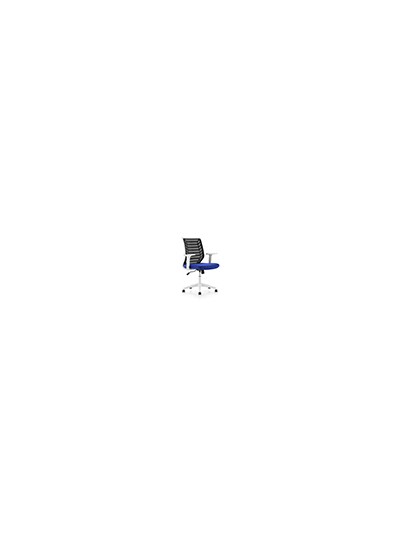 Silla rocada de oficina brazos regulables estructura blanca respaldo malla y asiento tela ignifuga azul