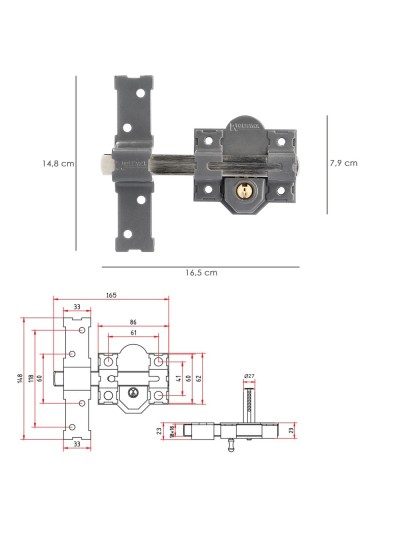 Cerrojo b-6 llave 2 lados de 165mm cilindro redondo de 50mm