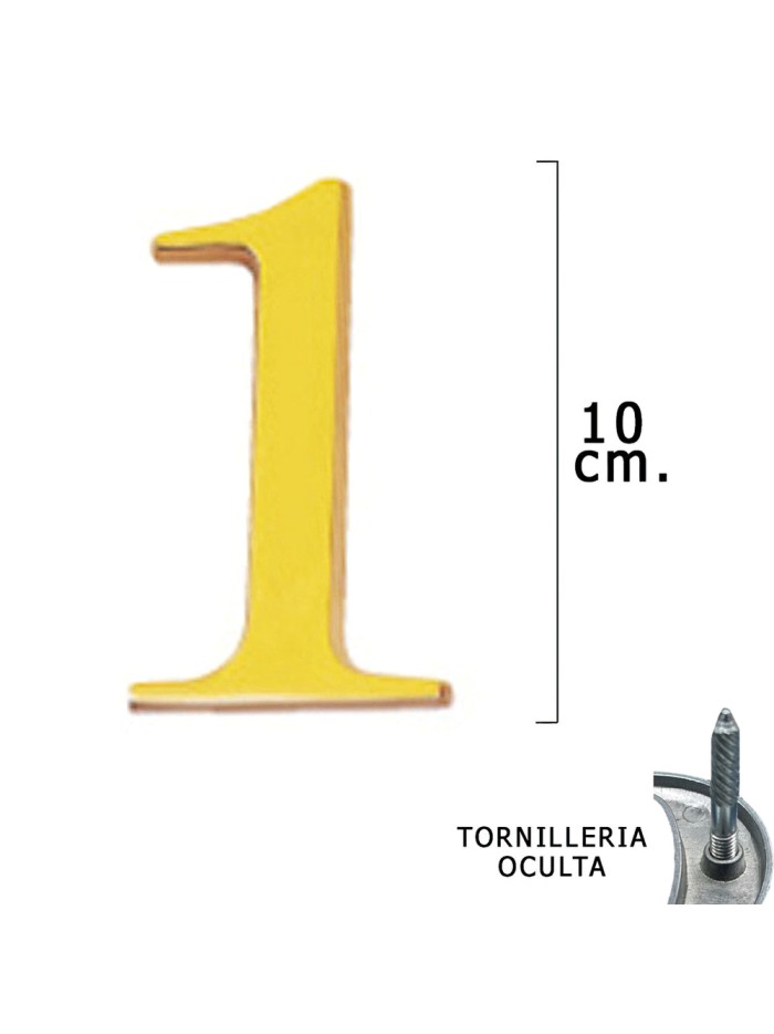 Numero Latón "1" 10 cm. con Tornilleria Oculta (Blister 1 Pieza)