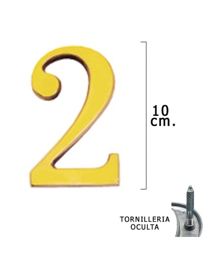 Numero Latón "2" 10 cm. con Tornilleria Oculta (Blister 1 Pieza)