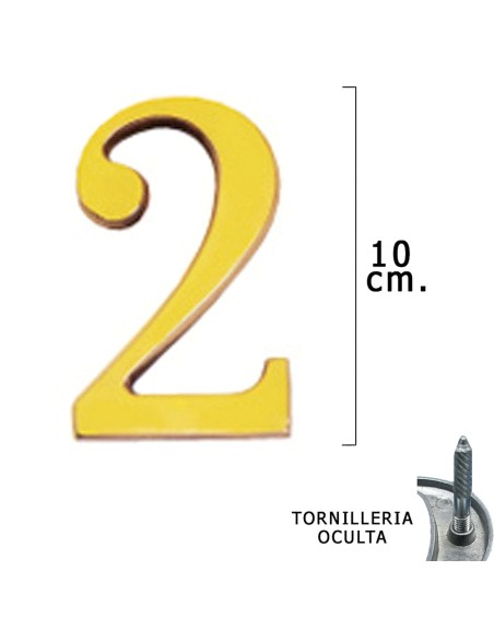 Numero Latón "2" 10 cm. con Tornilleria Oculta (Blister 1 Pieza)