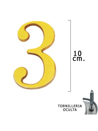 Numero Latón "3" 10 cm. con Tornilleria Oculta (Blister 1 Pieza)