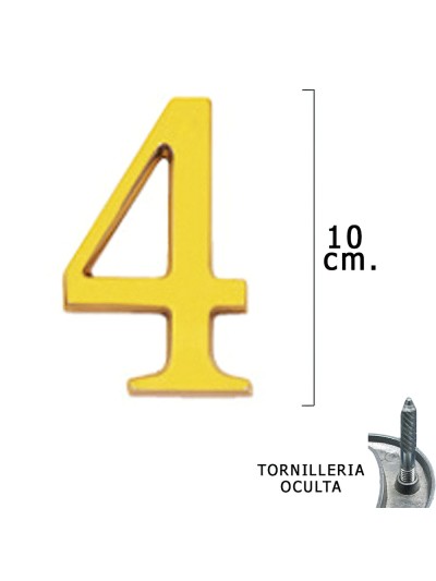 Numero Latón "4" 10 cm. con Tornilleria Oculta (Blister 1 Pieza)