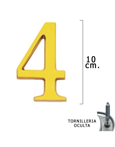 Numero Latón "4" 10 cm. con Tornilleria Oculta (Blister 1 Pieza)