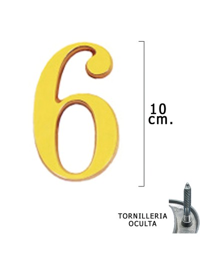 Numero Latón "6" 10 cm. con Tornilleria Oculta (Blister 1 Pieza)
