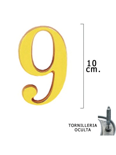 Numero Latón "9" 10 cm. con Tornilleria Oculta (Blister 1 Pieza)