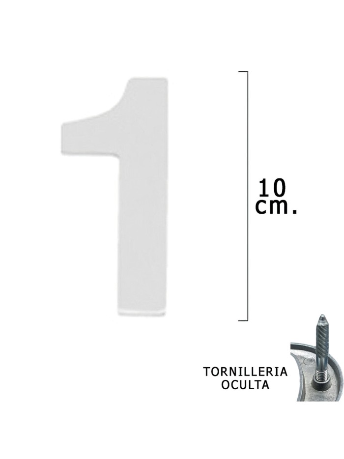 Numero Metal "1" Plateado Mate 10 cm. con Tornilleria Oculta (Blister 1 Pieza)