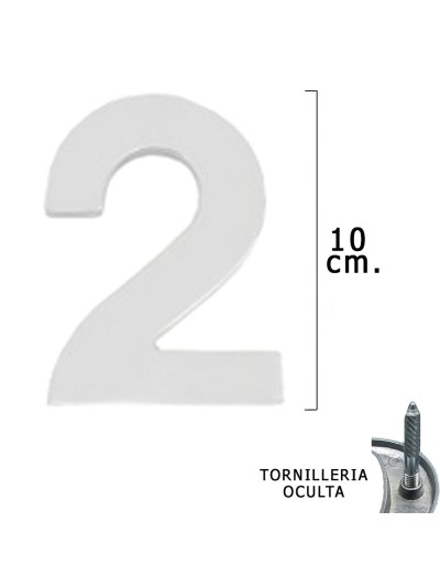 Numero Metal "2" Plateado Mate 10 cm. con Tornilleria Oculta (Blister 1 Pieza)