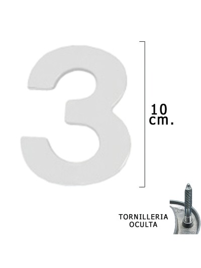 Numero Metal "3" Plateado Mate 10 cm. con Tornilleria Oculta (Blister 1 Pieza)