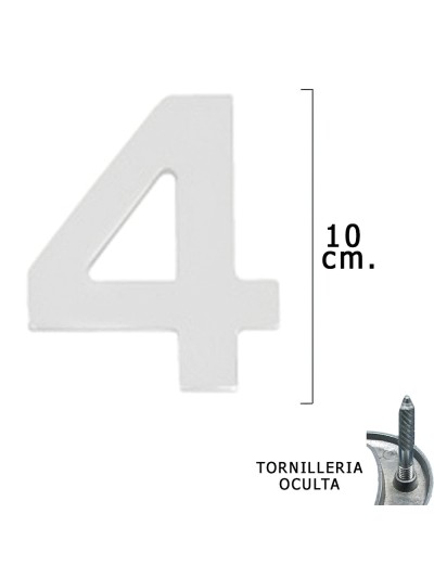 Numero Metal "4 Plateado Mate 10 cm. con Tornilleria Oculta (Blister 1 Pieza)