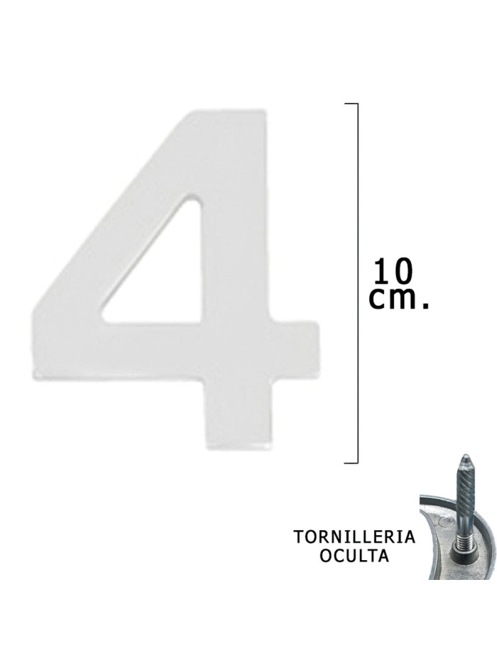 Numero Metal "4 Plateado Mate 10 cm. con Tornilleria Oculta (Blister 1 Pieza)