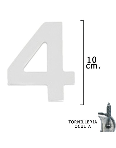 Numero Metal "4 Plateado Mate 10 cm. con Tornilleria Oculta (Blister 1 Pieza)