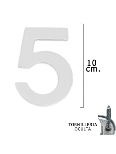 Numero Metal "5" Plateado Mate 10 cm. con Tornilleria Oculta (Blister 1 Pieza)