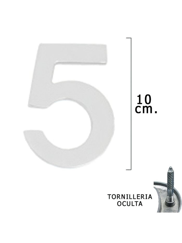Numero Metal "5" Plateado Mate 10 cm. con Tornilleria Oculta (Blister 1 Pieza)