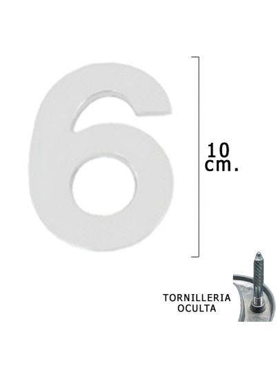 Numero Metal "6" Plateado Mate 10 cm. con Tornilleria Oculta (Blister 1 Pieza)